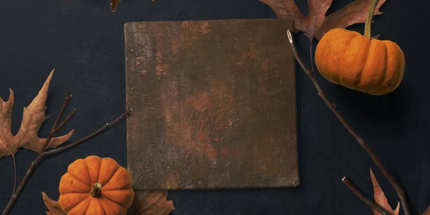 Archived Nisakorn painting photographed with autumn leaves and sculptural objects for Loft Thai