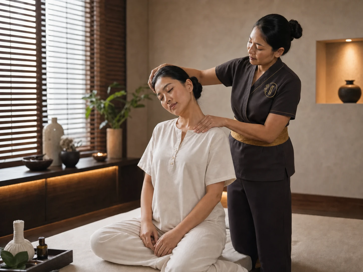 Professional therapist adapting neck and shoulder contact during an Office Syndrome massage in Bangkok