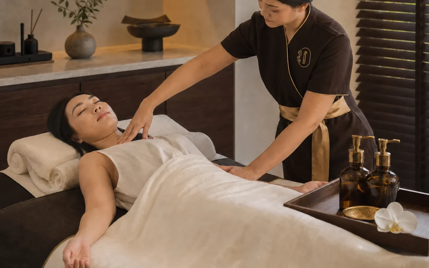Professional massage oils prepared for a consultation-led CBD oil massage at a Bangkok spa