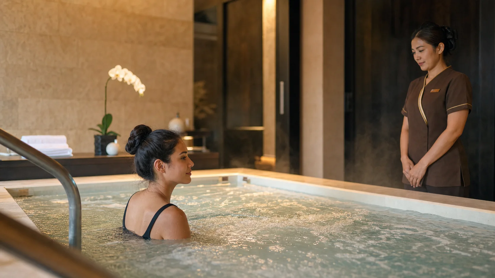 Adult guest and professional therapist during a private hydrotherapy ritual in a premium Bangkok spa
