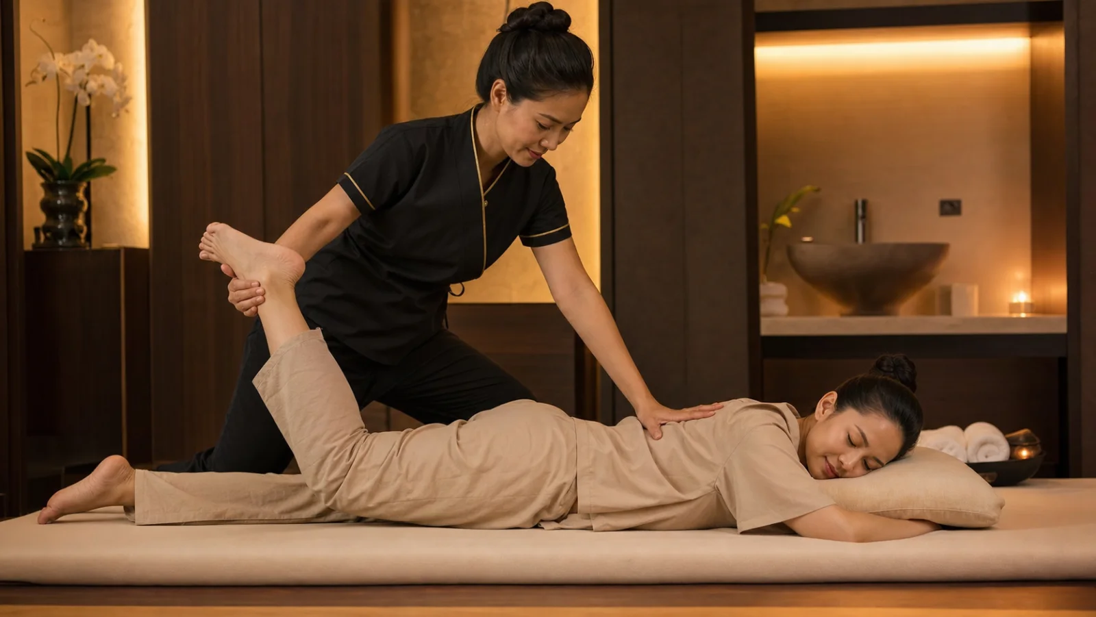 Alternative prone quadriceps stretch with the pelvis and knee supported in a professional Thai massage sequence