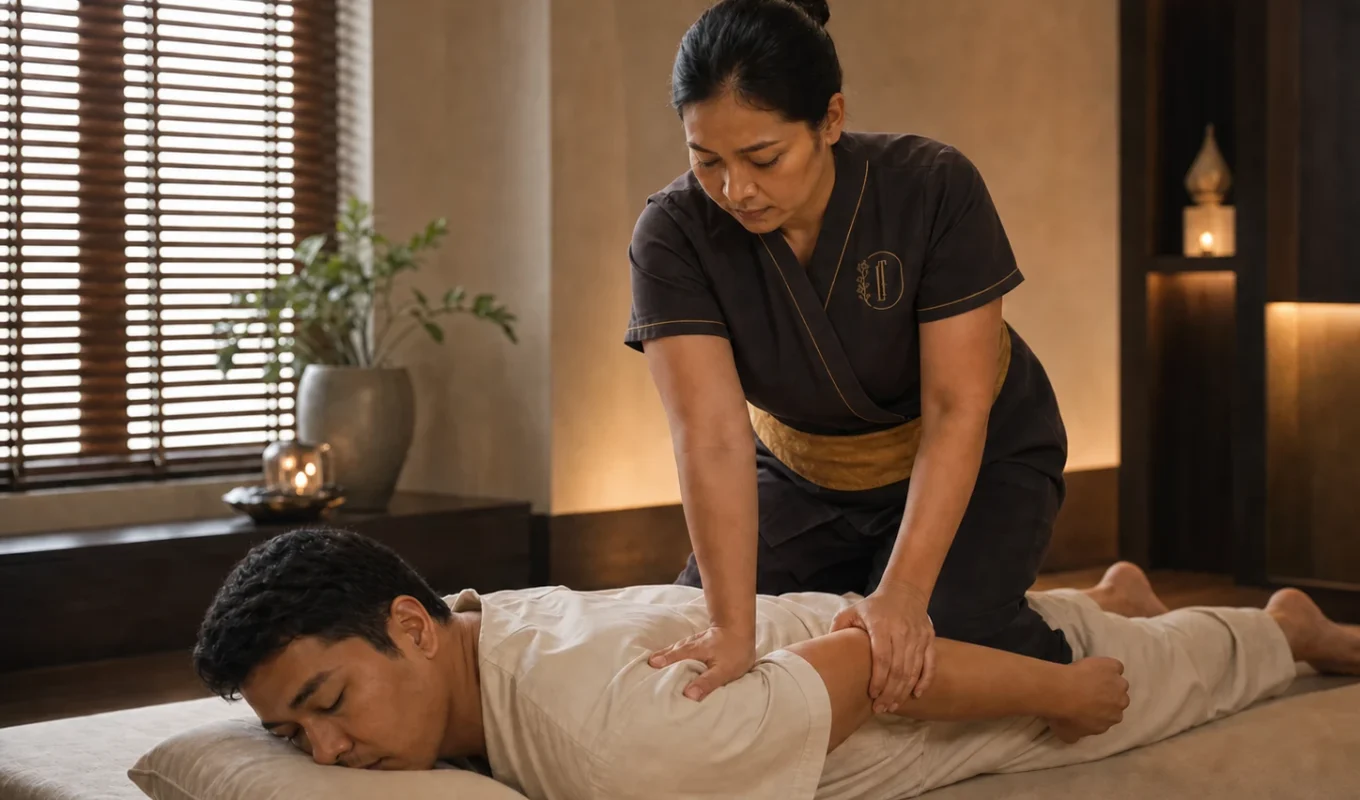 Therapist adapting a supported seated stretch during traditional Thai massage practice