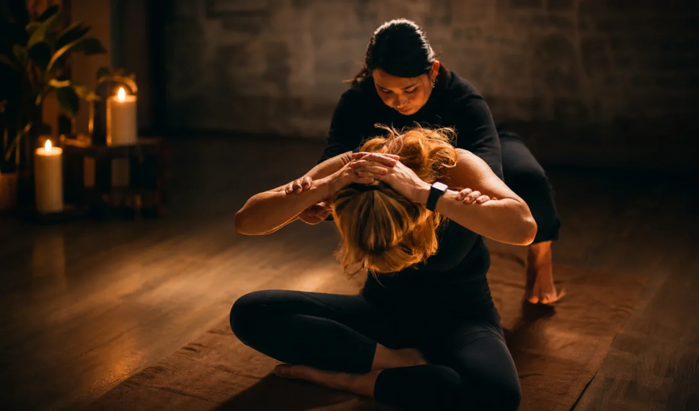 Thai therapist guiding a controlled seated upper-body stretch from behind