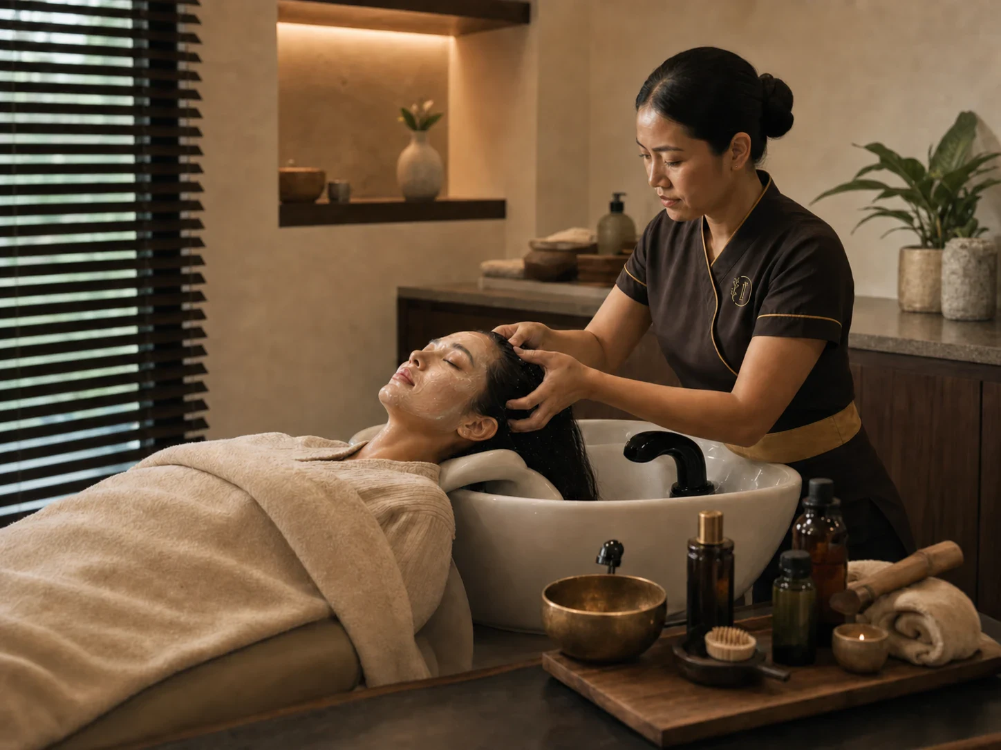 Professional therapist performing a sensory scalp and facial ritual in a private Bangkok spa room