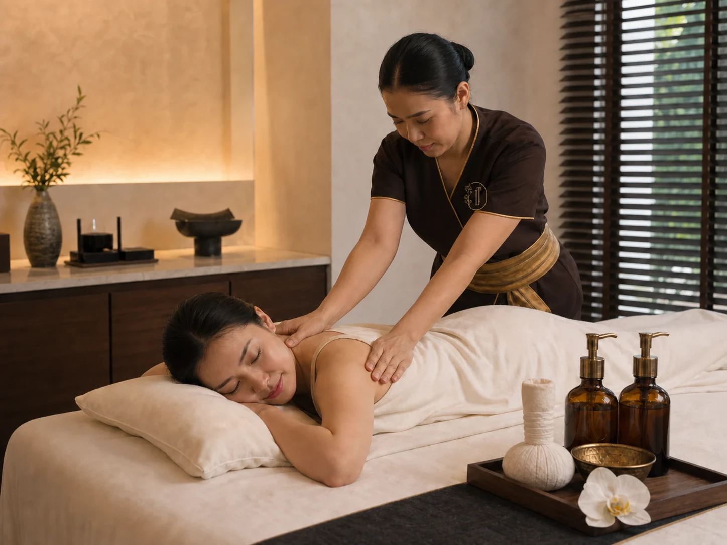 Adult guest receiving carefully adapted soft-tissue body massage in a private spa room