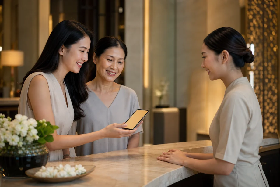 S Plus+ member arriving at a Bangkok spa with her mother and presenting the privilege at reception