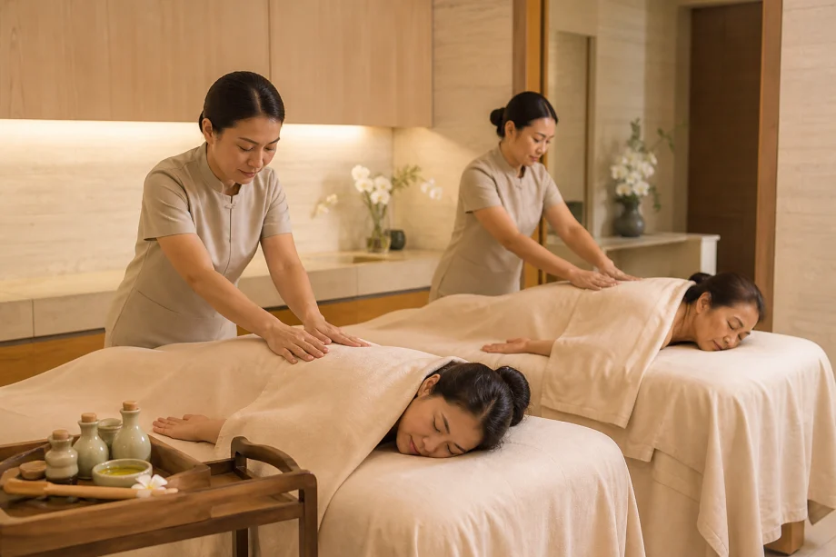 Mother and adult daughter receiving side-by-side aromatherapy massages in a private Bangkok spa room