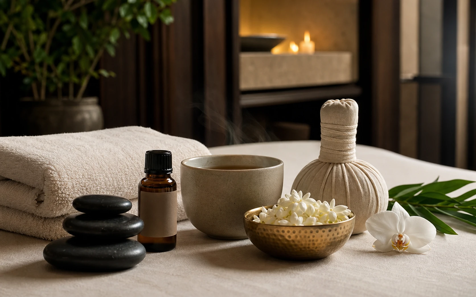 Luxury Bangkok spa still life with herbal tea, warm towels, basalt stones, essential oil, jasmine and herbal compress