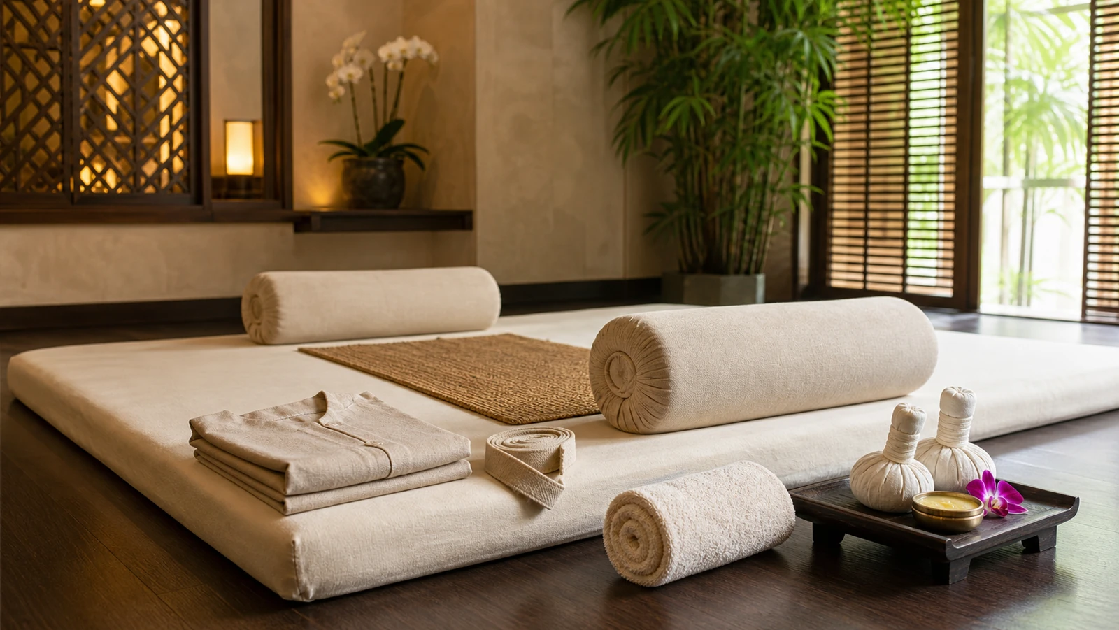 Thai massage studio prepared for supported hip and quadriceps mobilisation with a floor mat, bolsters and folded treatment clothing