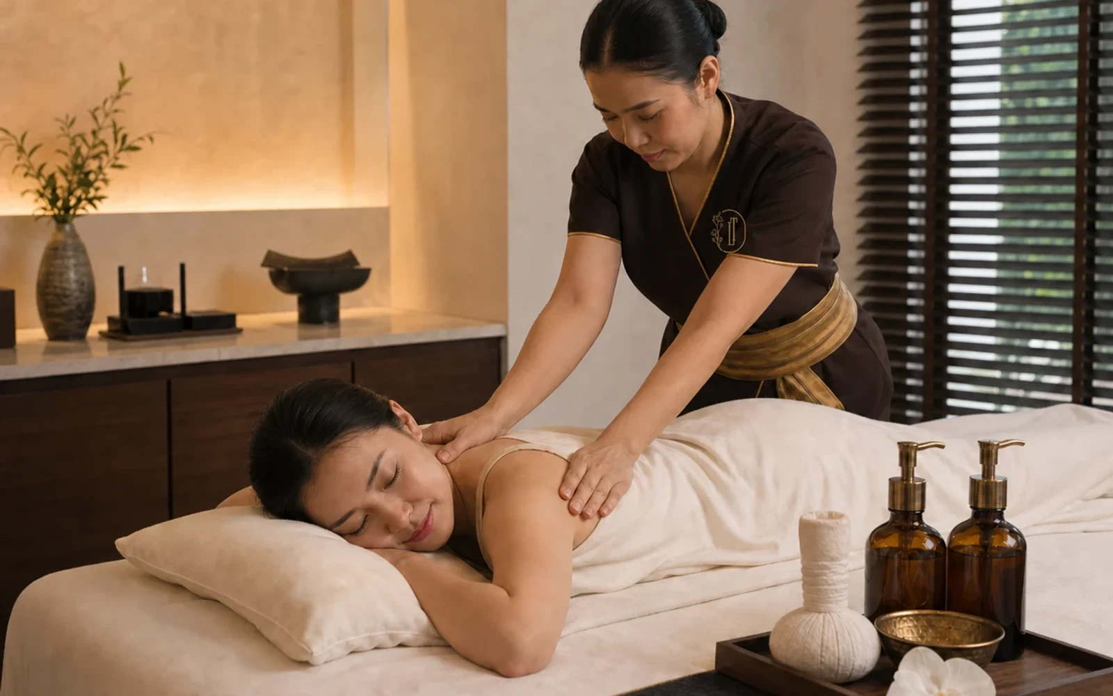 Loft Thai therapist performing a long Swedish massage stroke in a warm private Bangkok treatment room