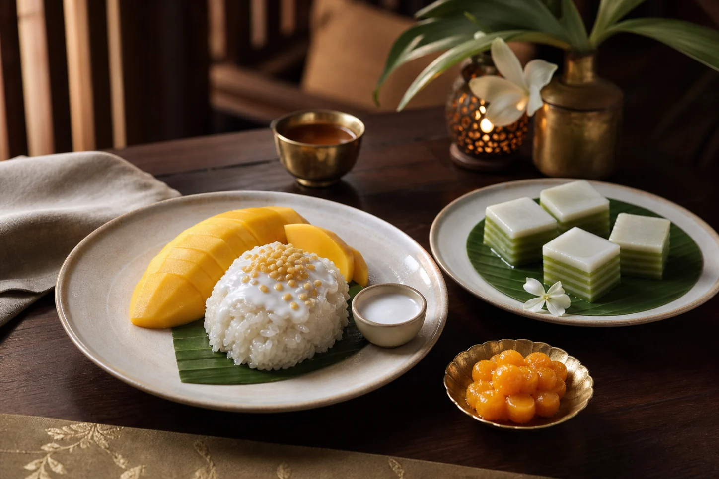 Curated Thai dessert tasting with mango sticky rice, pandan layer sweets and golden egg-yolk drops in a refined Bangkok spa lounge
