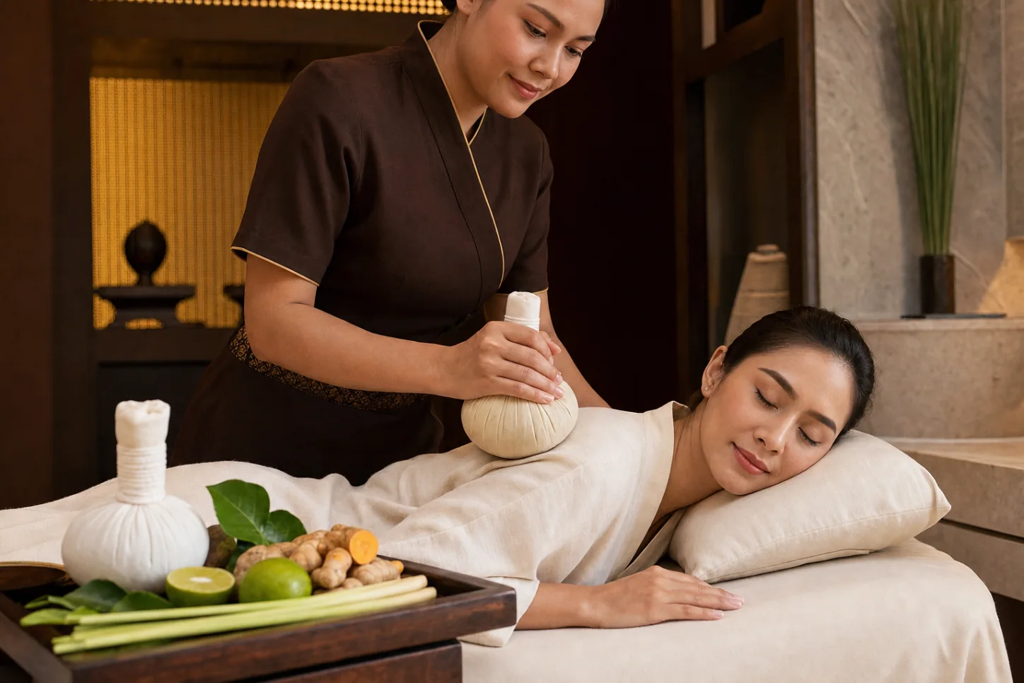 Therapist applying a warm Thai herbal compress with controlled pressure during a Bangkok spa treatment