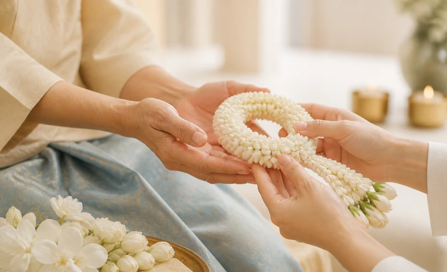 Adult daughter offering a white jasmine garland to her mother for Thai Mother’s Day