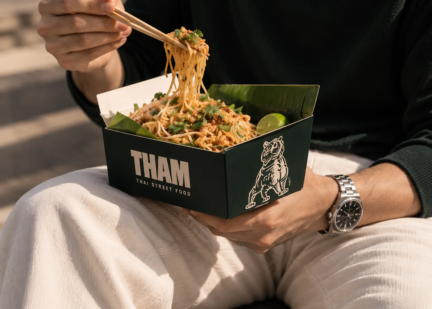 THAM editorial image of Pad Thai in a branded green box