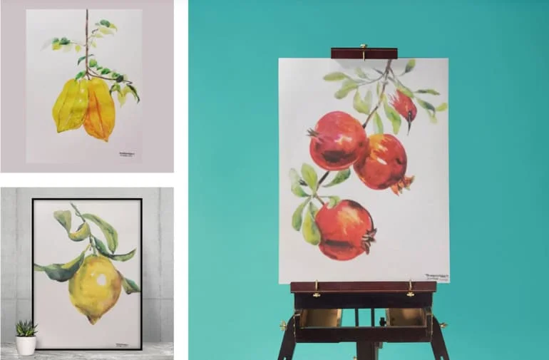 Watercolour fruit studies attributed to Thanyarat Apipatrugikorn in Loft Thai's 2022 archive