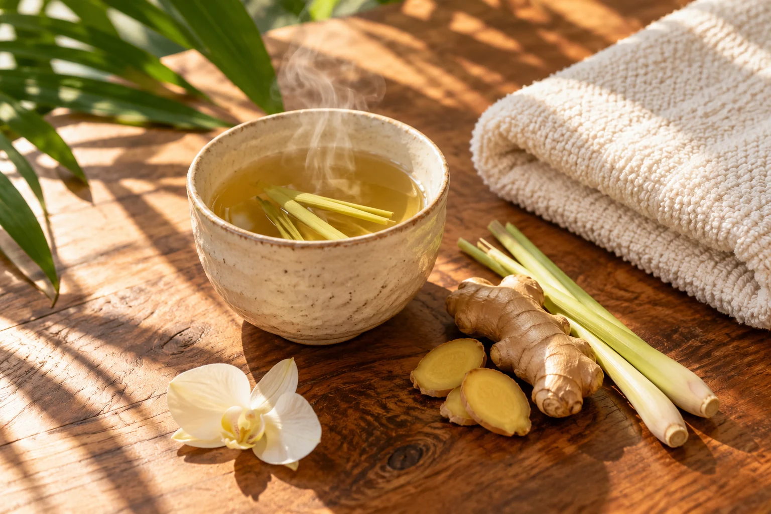 AI concept illustration of herbal tea, ginger, lemongrass and spa linens.