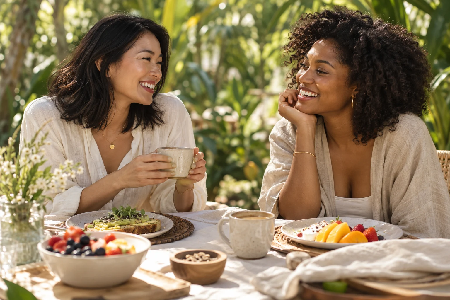 AI concept illustration of two friends sharing brunch in a tropical setting.