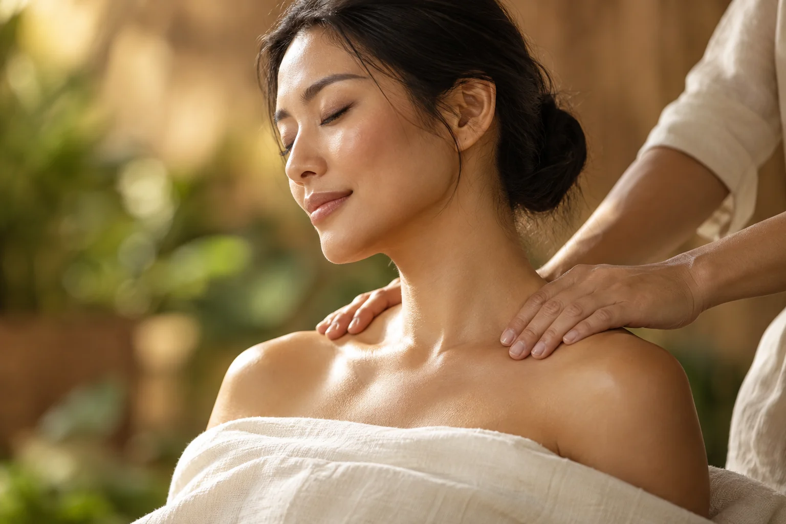 AI concept illustration of a gentle shoulder massage in a botanical setting.