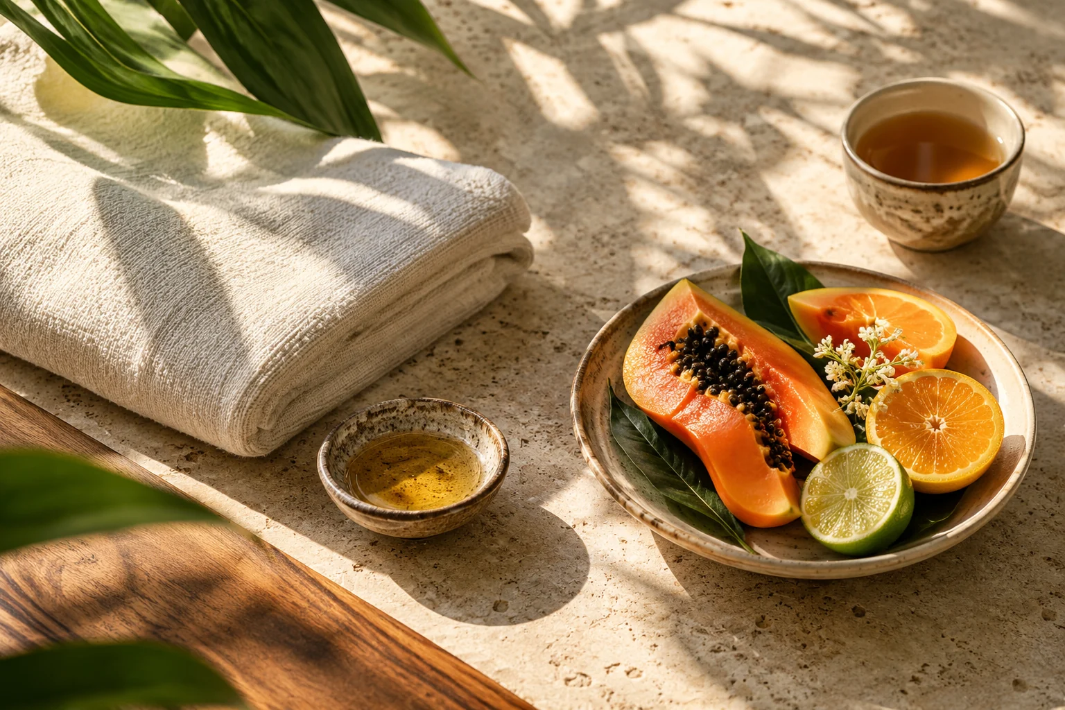 AI concept illustration of spa towels, tea and tropical fruit in warm sunlight.