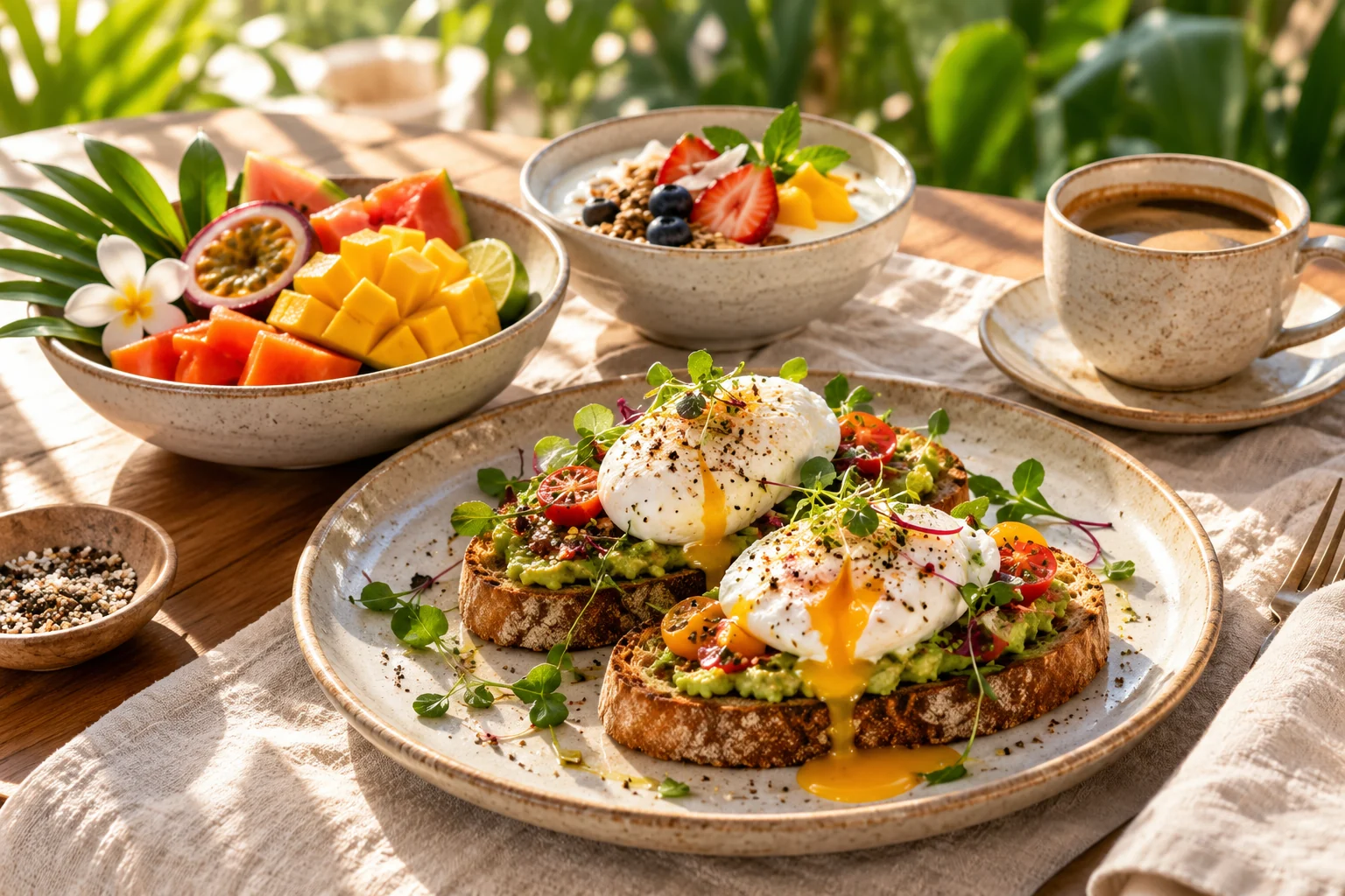 AI concept illustration of a sunlit brunch with eggs, fruit, yoghurt and coffee; not the final menu.
