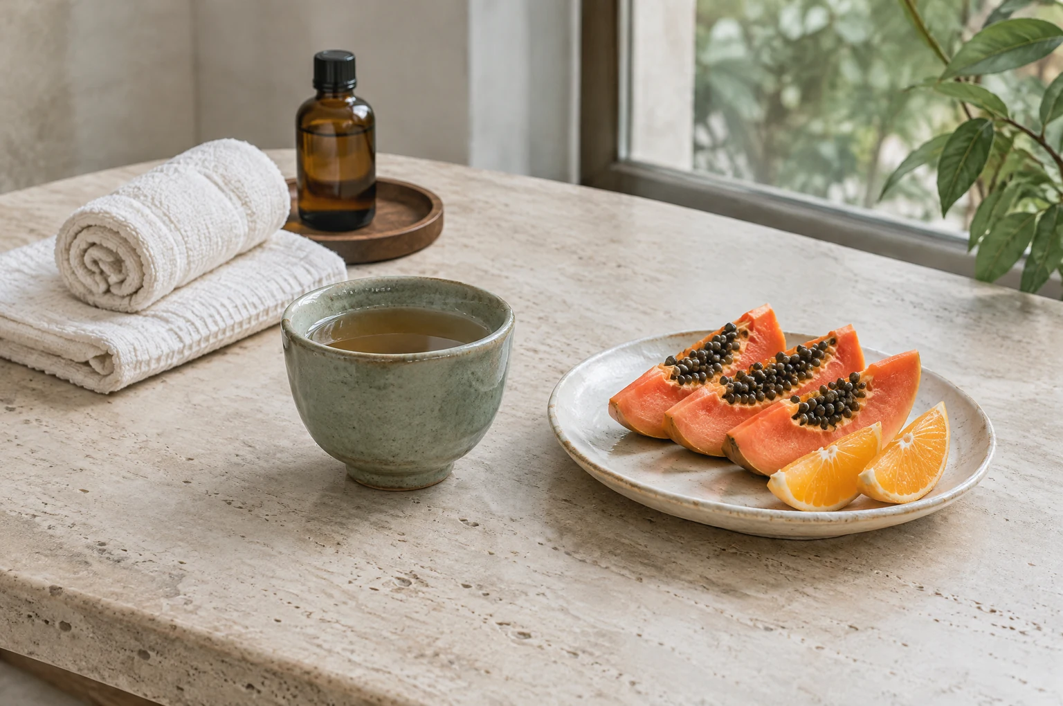 AI concept illustration of spa towels, tea and tropical fruit in warm sunlight.