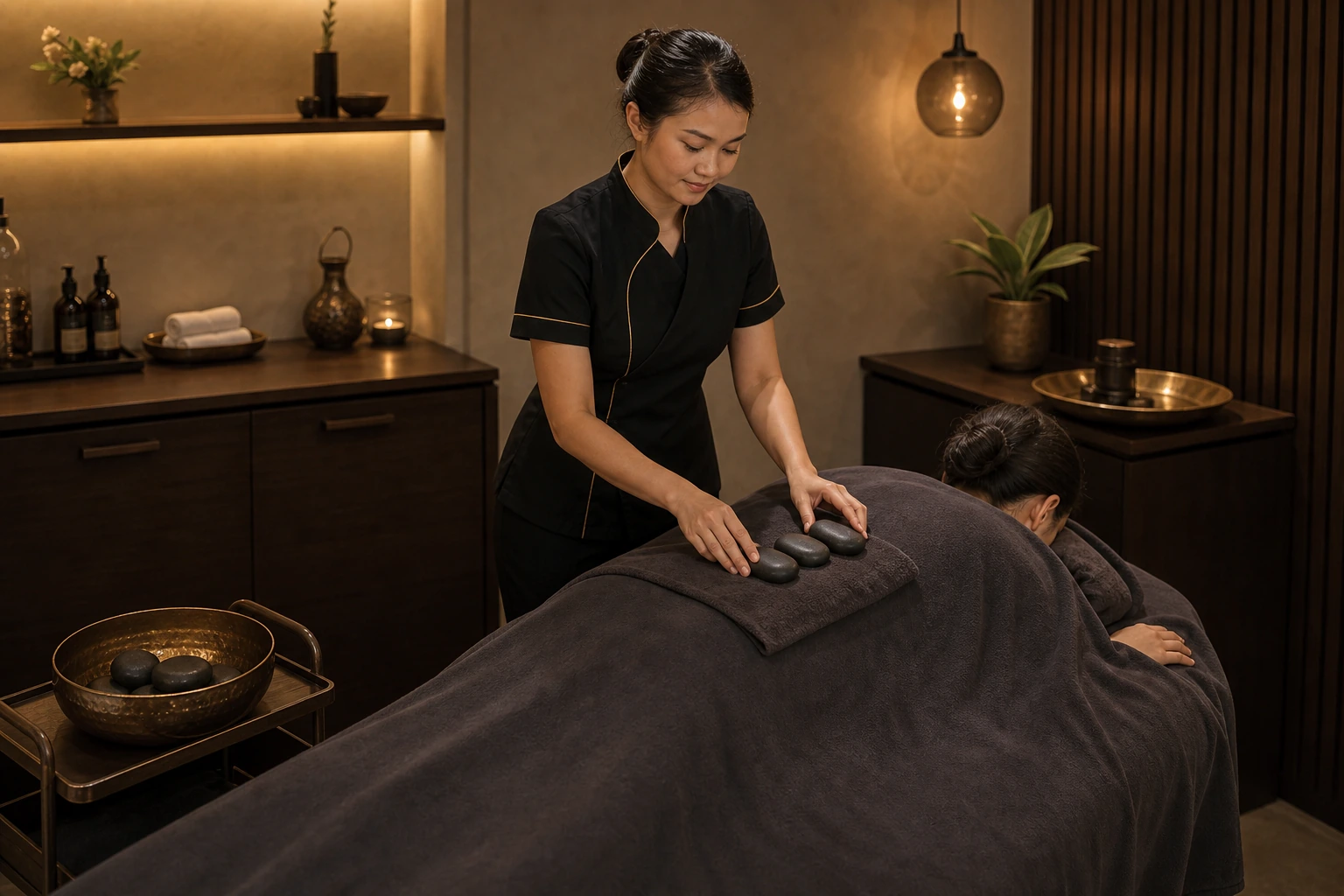 Therapist placing smooth warm stones during a Cannabis Infused Hot Stone treatment