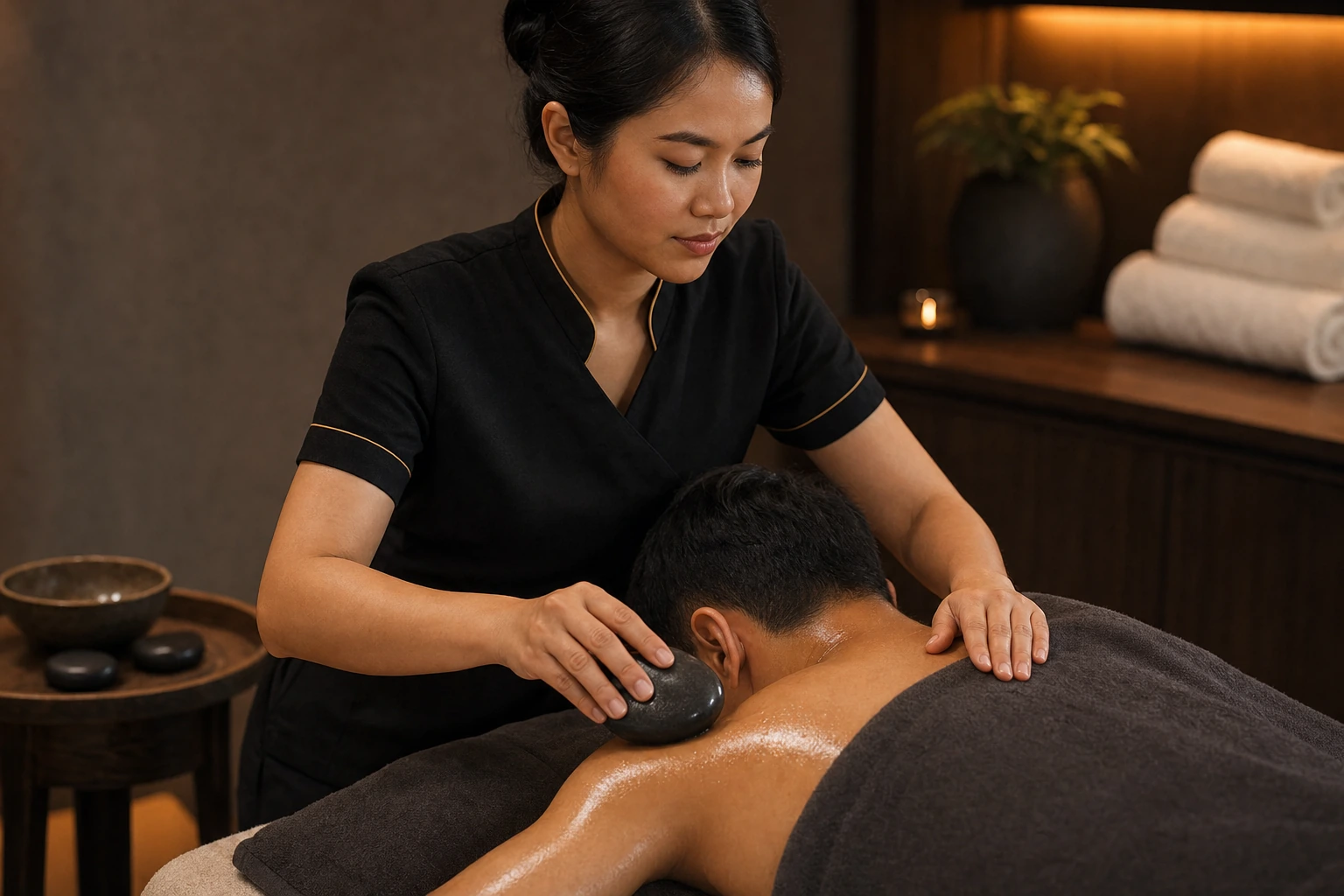 Loft Thai therapist gliding a warm stone during infused oil massage