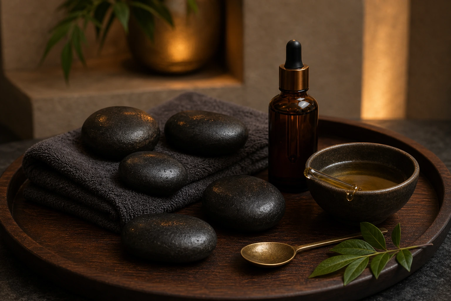 Warm black massage stones with amber infused oil and spa towels