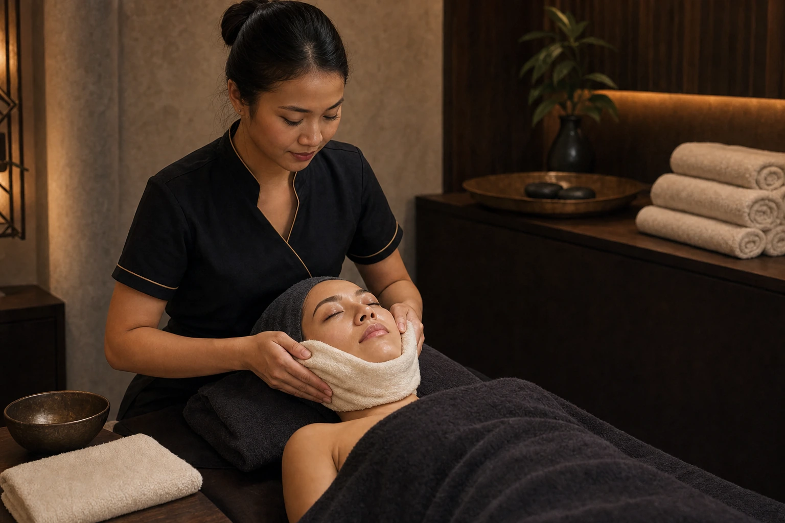 Guest receiving a hot-towel facial after a warm stone massage