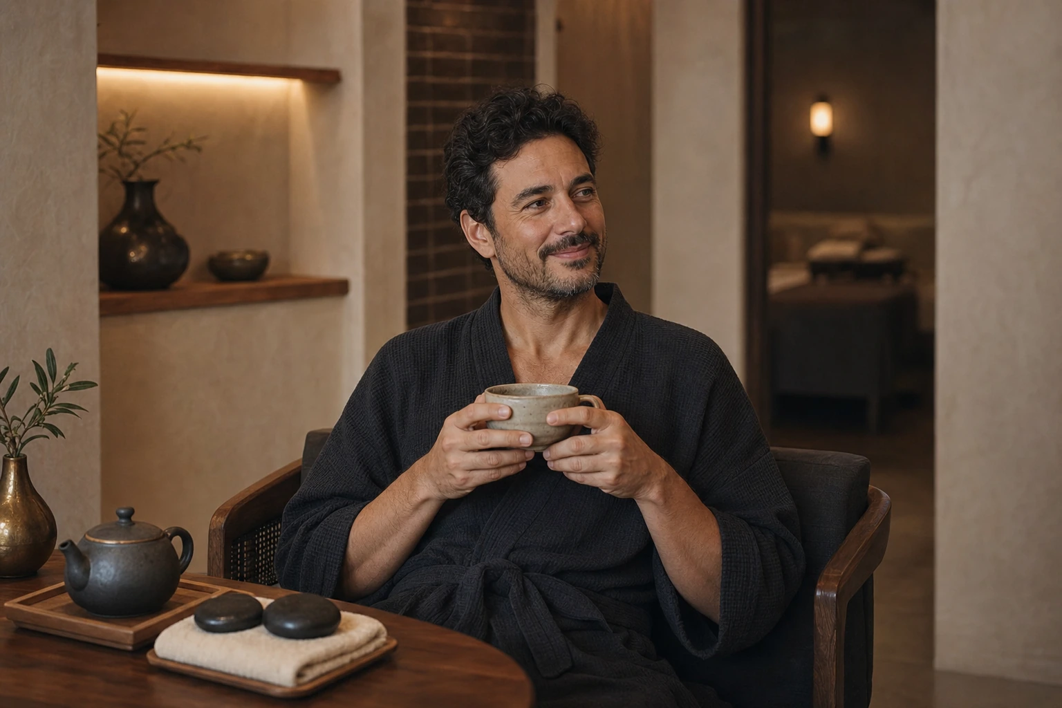 Relaxed guest enjoying tea after a Cannabis Infused Hot Stone treatment
