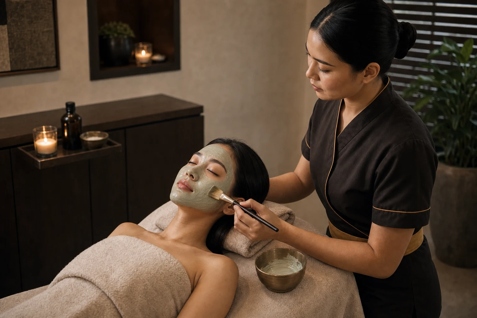 The mask, moisturiser or finishing facial stage with comfortable draping and believable hand placement for the Detox Facial service at a Loft Thai-inspired Bangkok spa