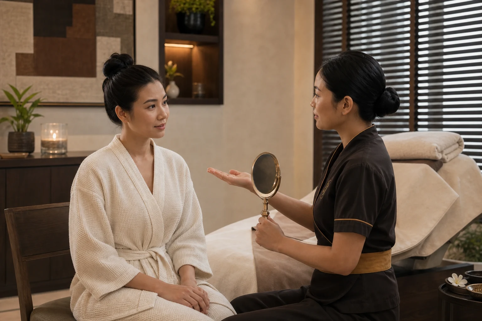 A fictional adult guest receiving a calm skin consultation in a private loft thai-inspired facial room for the Golden Facial Treatment service at a Loft Thai-inspired Bangkok spa