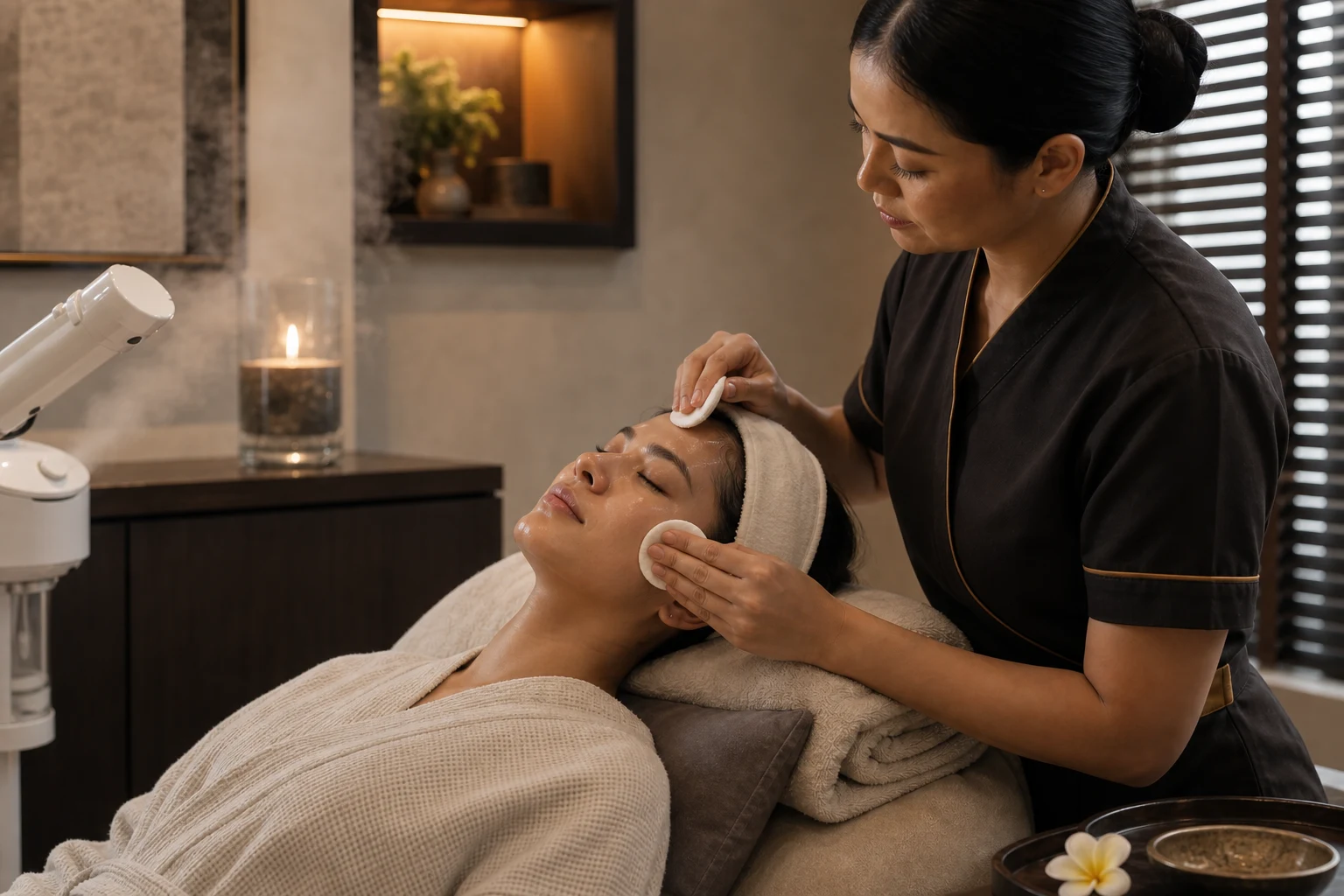 A therapist in a black uniform with gold piping performing the cleansing and preparation stage for the Golden Facial Treatment service at a Loft Thai-inspired Bangkok spa