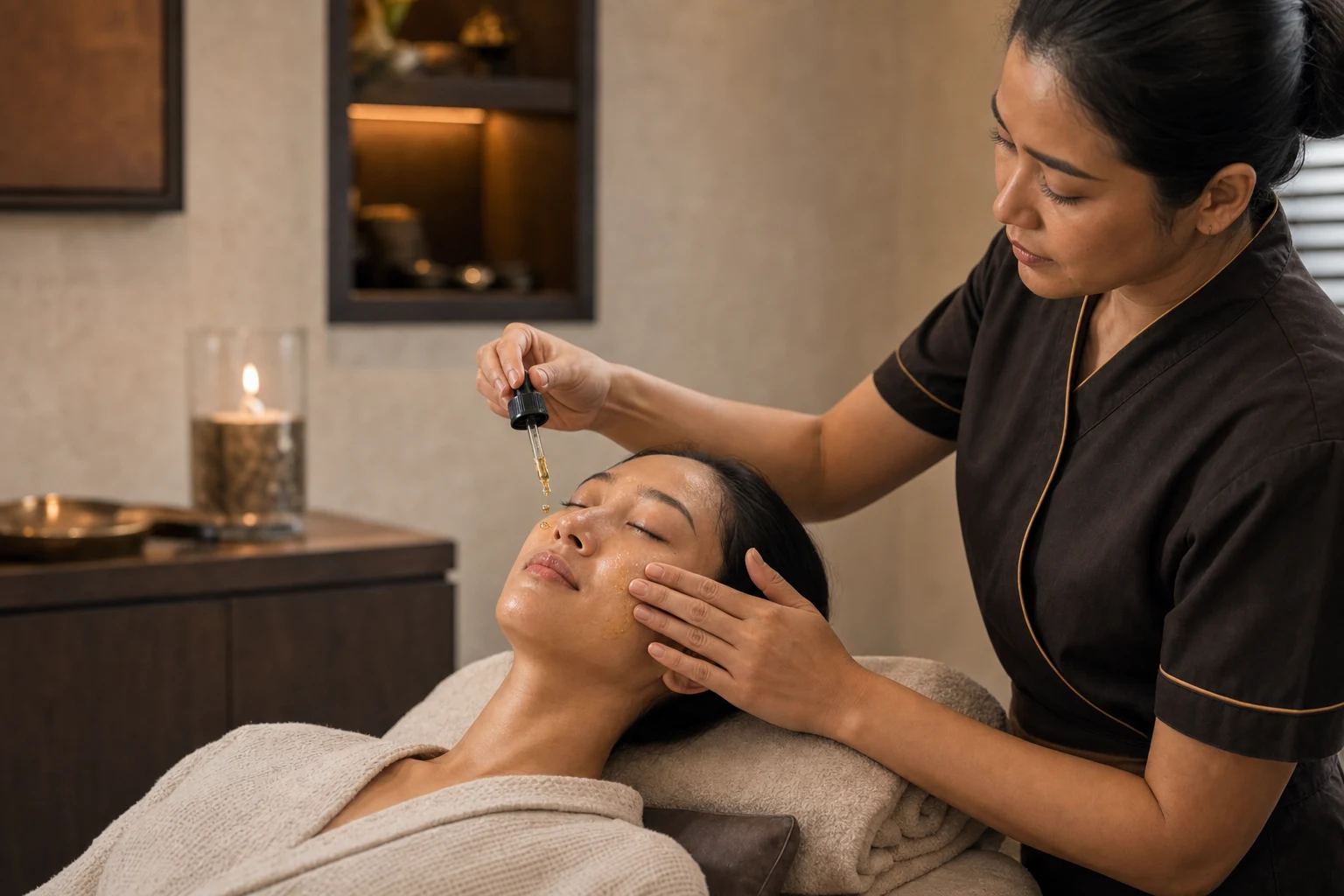 The service-specific facial technique shown with accurate hands, products or professional cosmetic device where relevant for the Golden Facial Treatment service at a Loft Thai-inspired Bangkok spa