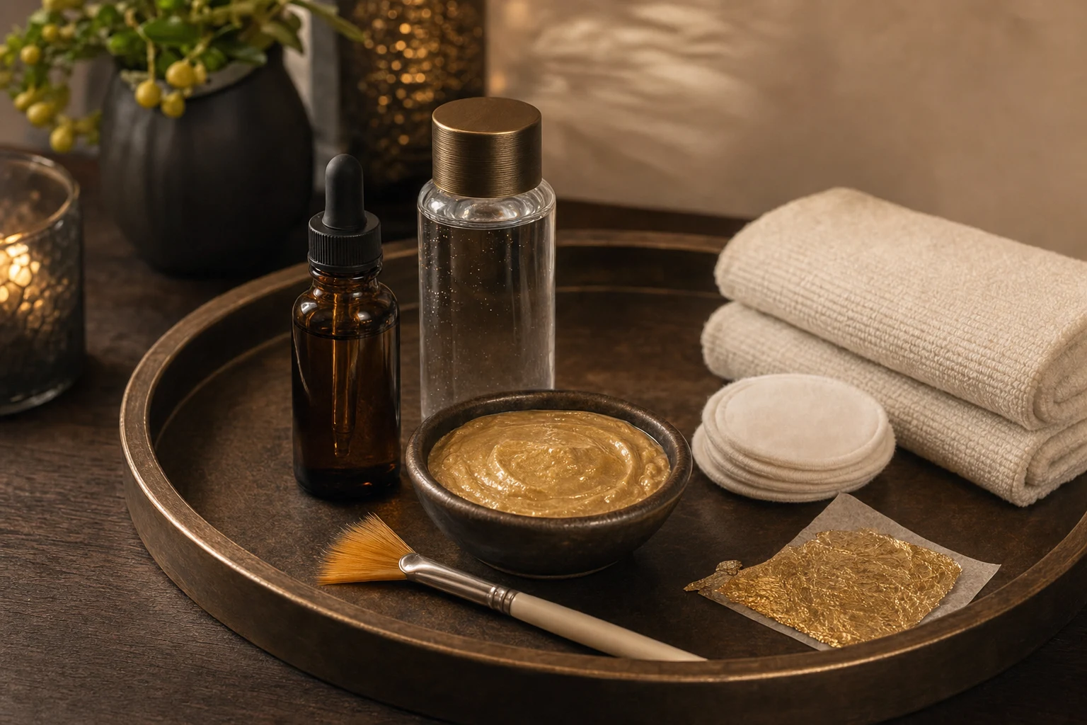 An editorial still life of the service-specific skincare, clean towels and tools on bronze and dark wood for the Golden Facial Treatment service at a Loft Thai-inspired Bangkok spa