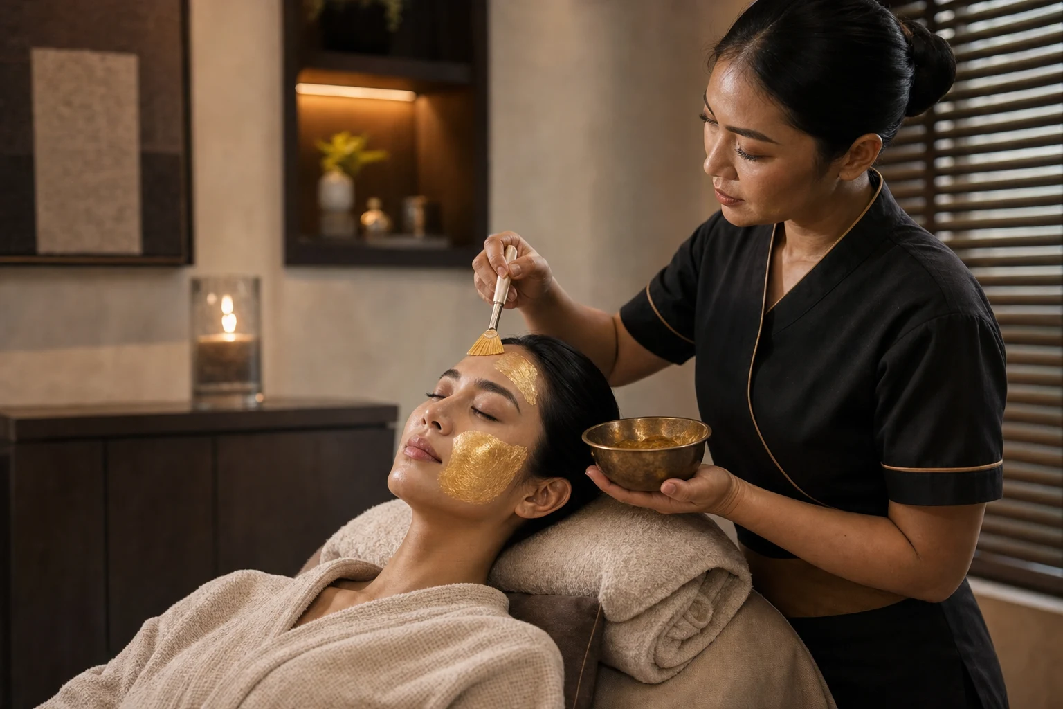 The mask, moisturiser or finishing facial stage with comfortable draping and believable hand placement for the Golden Facial Treatment service at a Loft Thai-inspired Bangkok spa