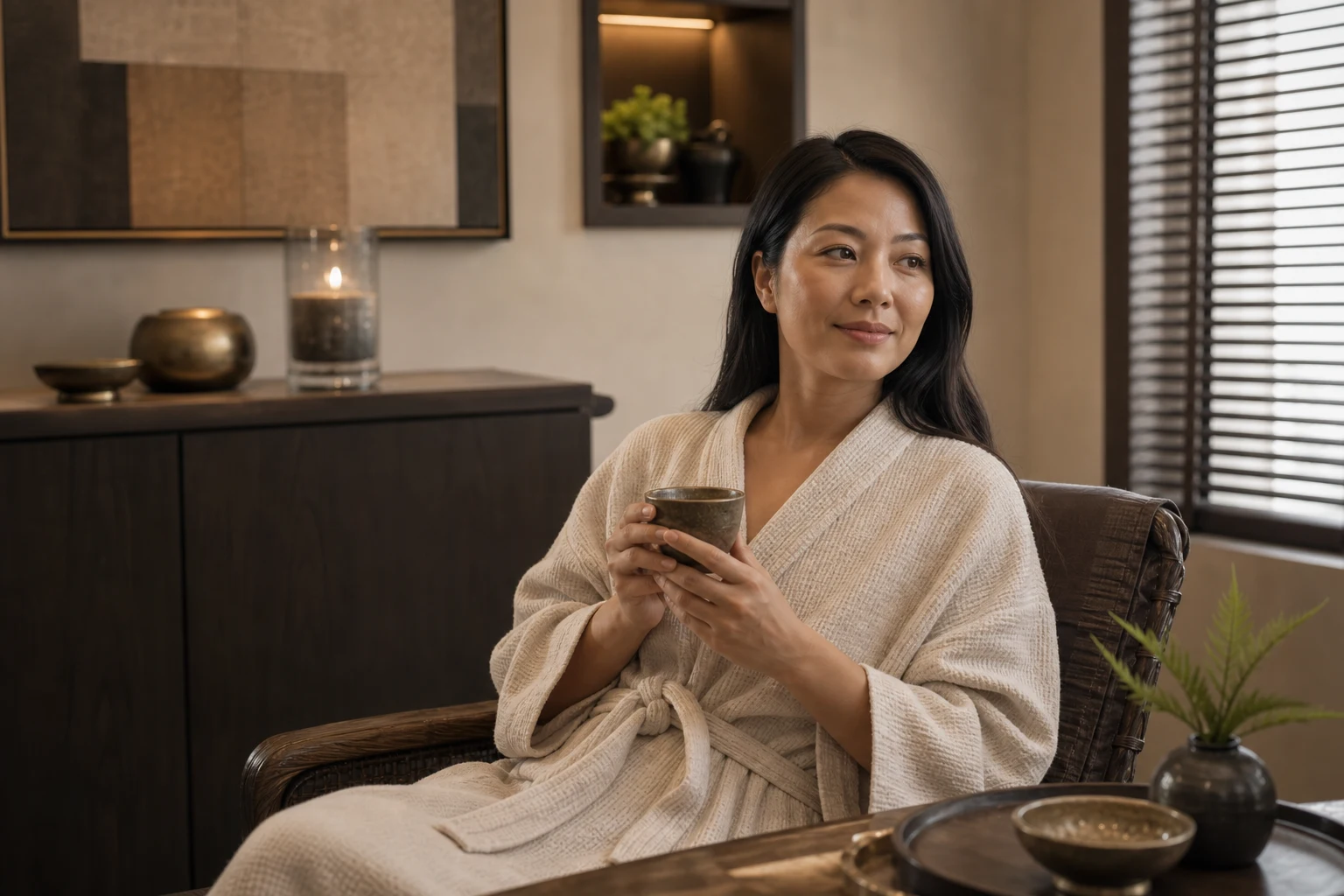 A relaxed fictional adult guest after the facial, natural skin texture, herbal tea and warm private-spa ambience for the Golden Facial Treatment service at a Loft Thai-inspired Bangkok spa