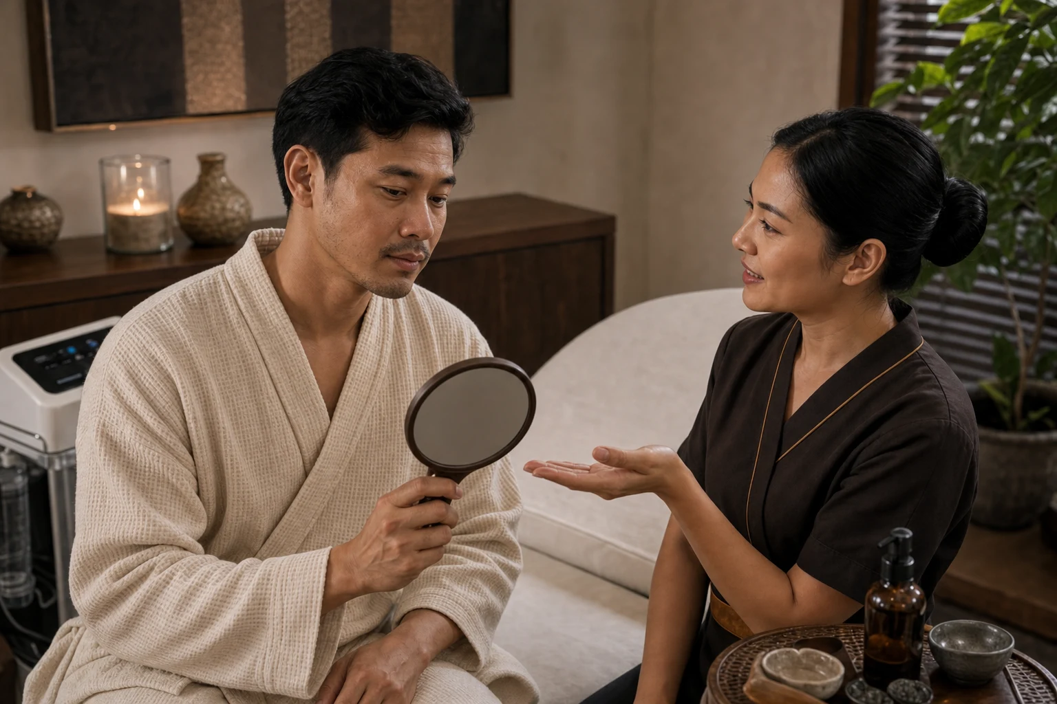 A fictional adult guest receiving a calm skin consultation in a private loft thai-inspired facial room for the HydraFacial for Gentlemen service at a Loft Thai-inspired Bangkok spa