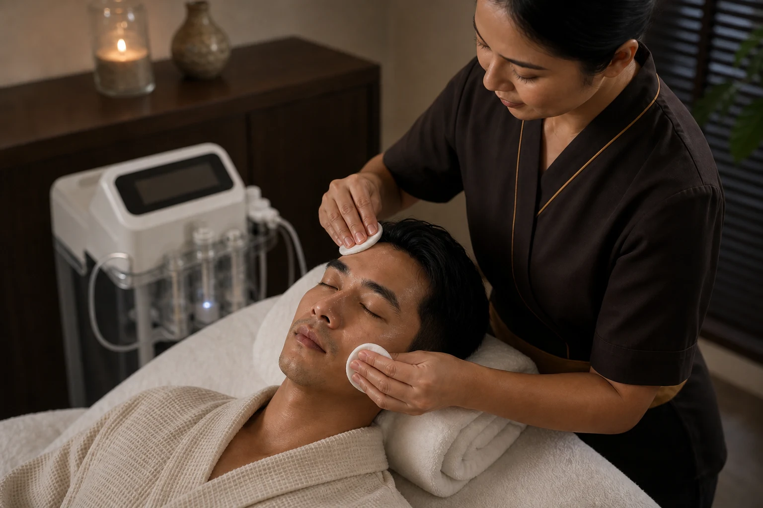 A therapist in a black uniform with gold piping performing the cleansing and preparation stage for the HydraFacial for Gentlemen service at a Loft Thai-inspired Bangkok spa