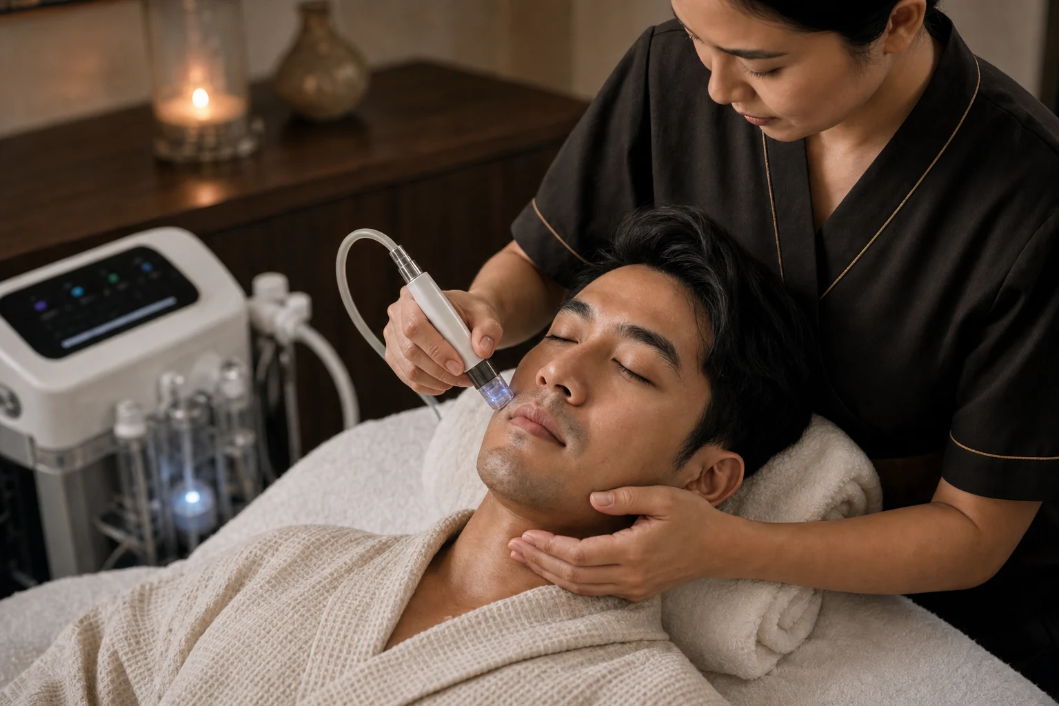 The service-specific facial technique shown with accurate hands, products or professional cosmetic device where relevant for the HydraFacial for Gentlemen service at a Loft Thai-inspired Bangkok spa