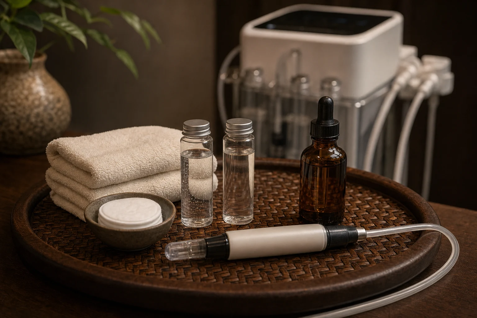 An editorial still life of the service-specific skincare, clean towels and tools on bronze and dark wood for the HydraFacial for Gentlemen service at a Loft Thai-inspired Bangkok spa