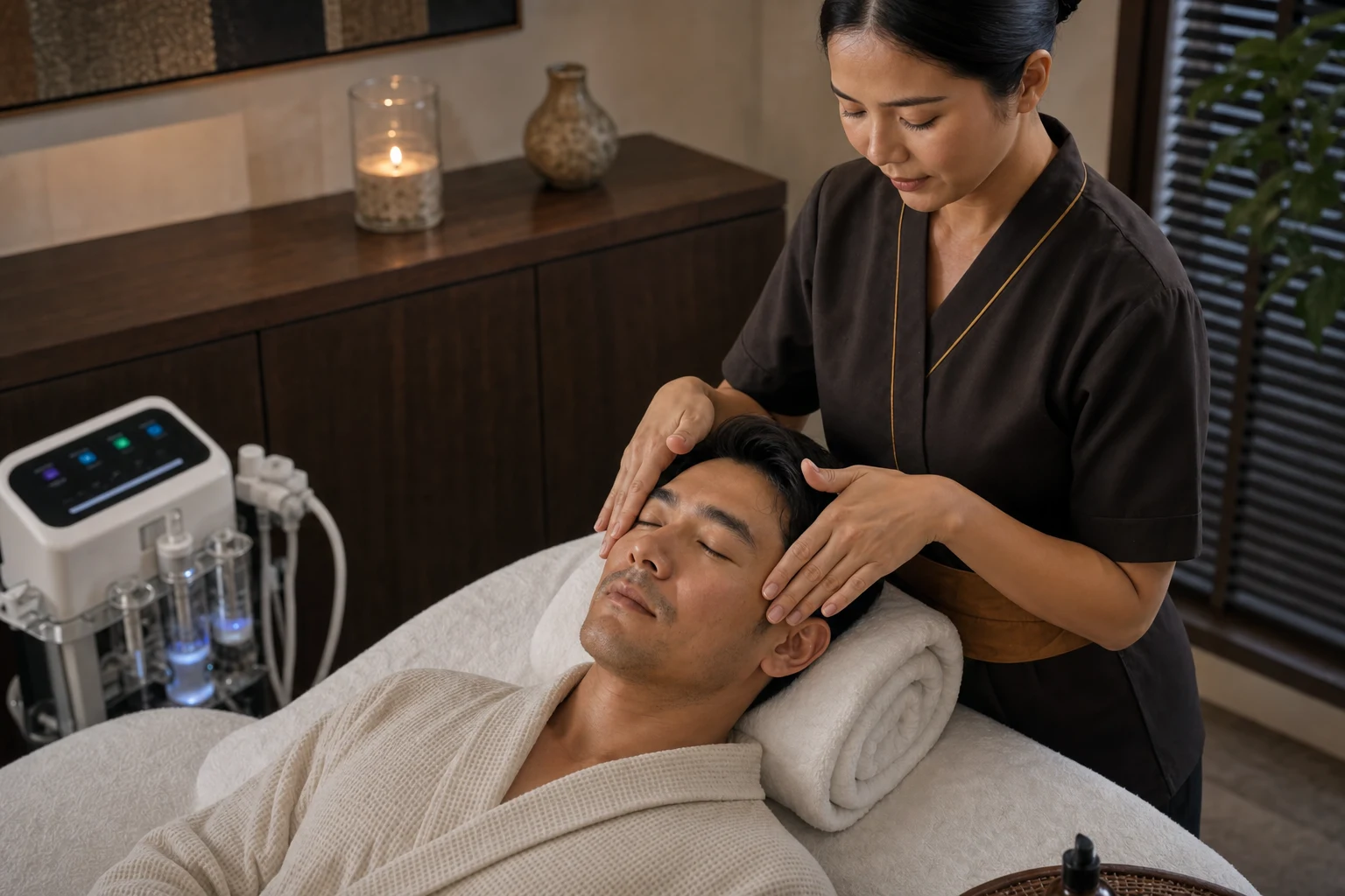 The mask, moisturiser or finishing facial stage with comfortable draping and believable hand placement for the HydraFacial for Gentlemen service at a Loft Thai-inspired Bangkok spa