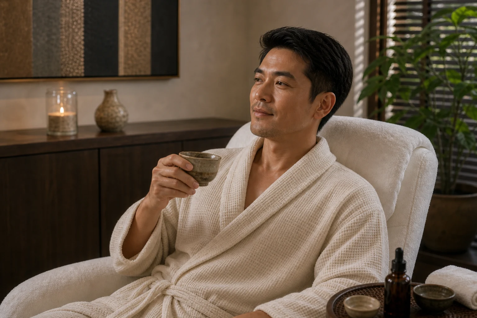 A relaxed fictional adult guest after the facial, natural skin texture, herbal tea and warm private-spa ambience for the HydraFacial for Gentlemen service at a Loft Thai-inspired Bangkok spa