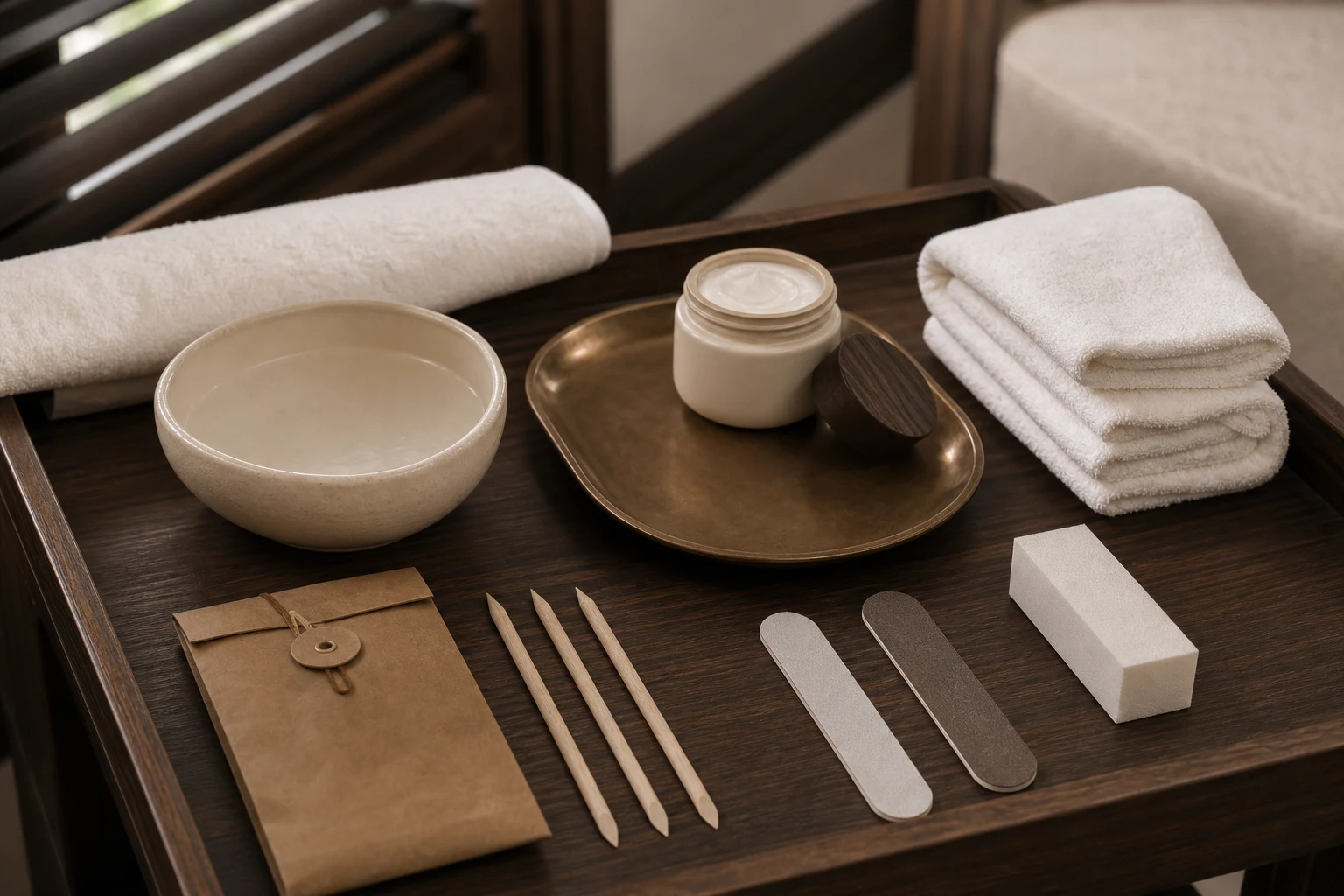 A refined still life of sterilised nail tools, neutral moisturiser, towels and a bronze tray for the Manicure & Pedicure for Men service at a Loft Thai-inspired Bangkok spa