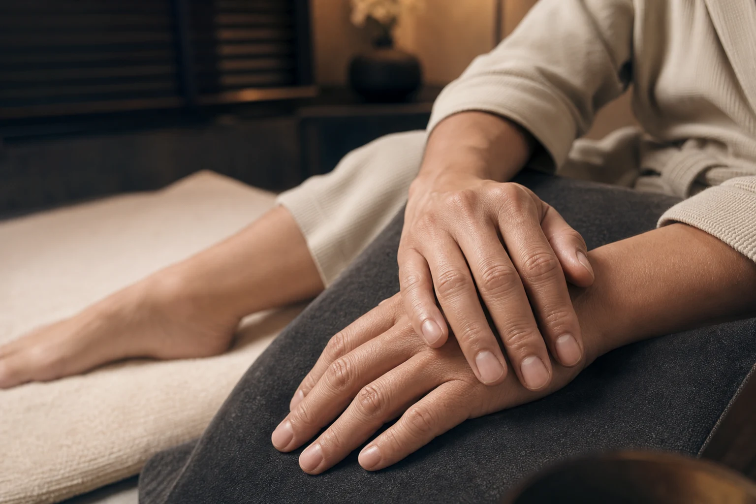 Close detail of neatly shaped and buffed natural nails without coloured varnish for the Manicure & Pedicure for Men service at a Loft Thai-inspired Bangkok spa