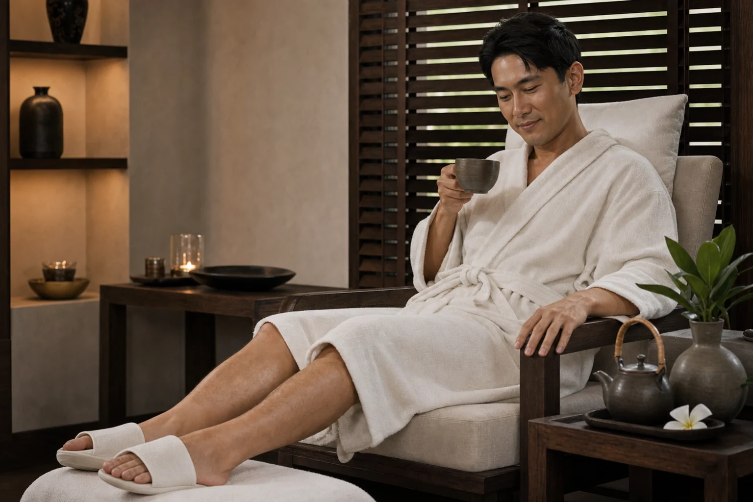 A satisfied fictional adult male guest after the service, tea nearby and a discreet premium spa setting for the Manicure & Pedicure for Men service at a Loft Thai-inspired Bangkok spa