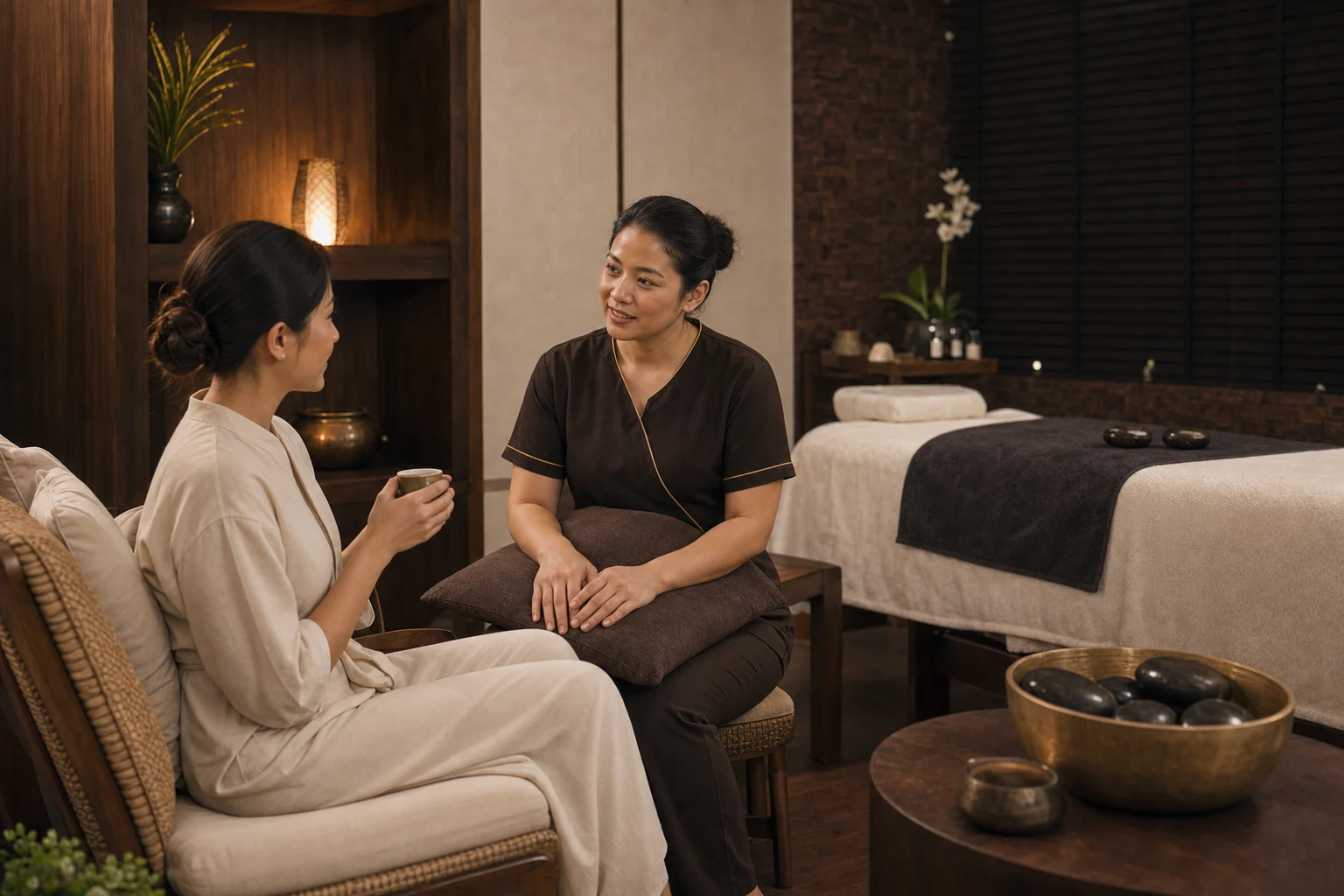 The fictional guest or couple arriving for a private consultation and welcome drink for the Hot Stone Massage service at a Loft Thai-inspired Bangkok spa