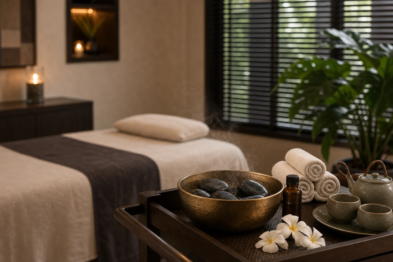 An editorial still life of package-specific products, towels, tea and the private room for the Hot Stone Massage service at a Loft Thai-inspired Bangkok spa