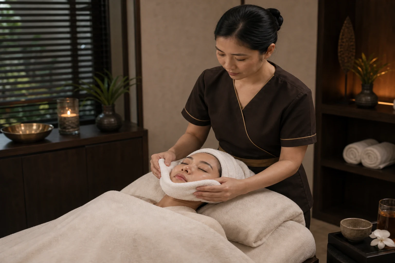 A later facial, massage, bath or foot-care stage from the published package sequence for the Hot Stone Massage service at a Loft Thai-inspired Bangkok spa