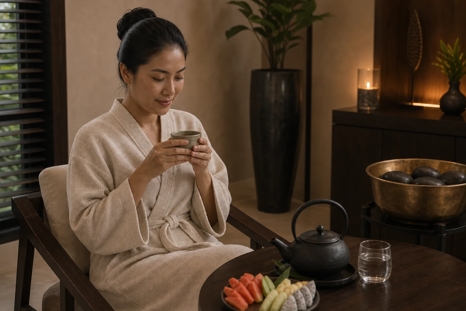 The relaxed fictional guest or couple sharing refreshments after the package for the Hot Stone Massage service at a Loft Thai-inspired Bangkok spa